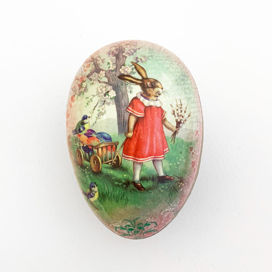 3-1/2" Pink Papier Mache Easter Egg Container with Vintage Bunny and Egg Cart ~ Germany